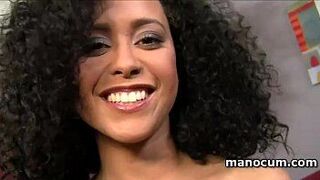 Sensual mulatta rubbing horny shaft against her soft pussy - porn video